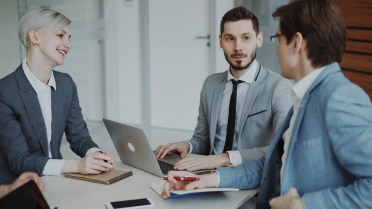 Business professionals discussing strategy in urgent meeting